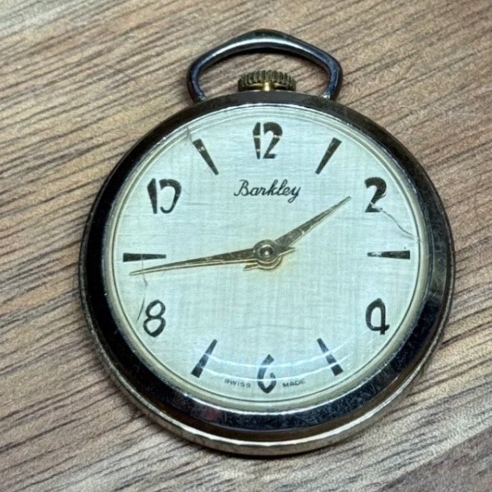 Vintage Barkley Swiss Made Pocket Watch Linen Dial Embossed Scroll Back